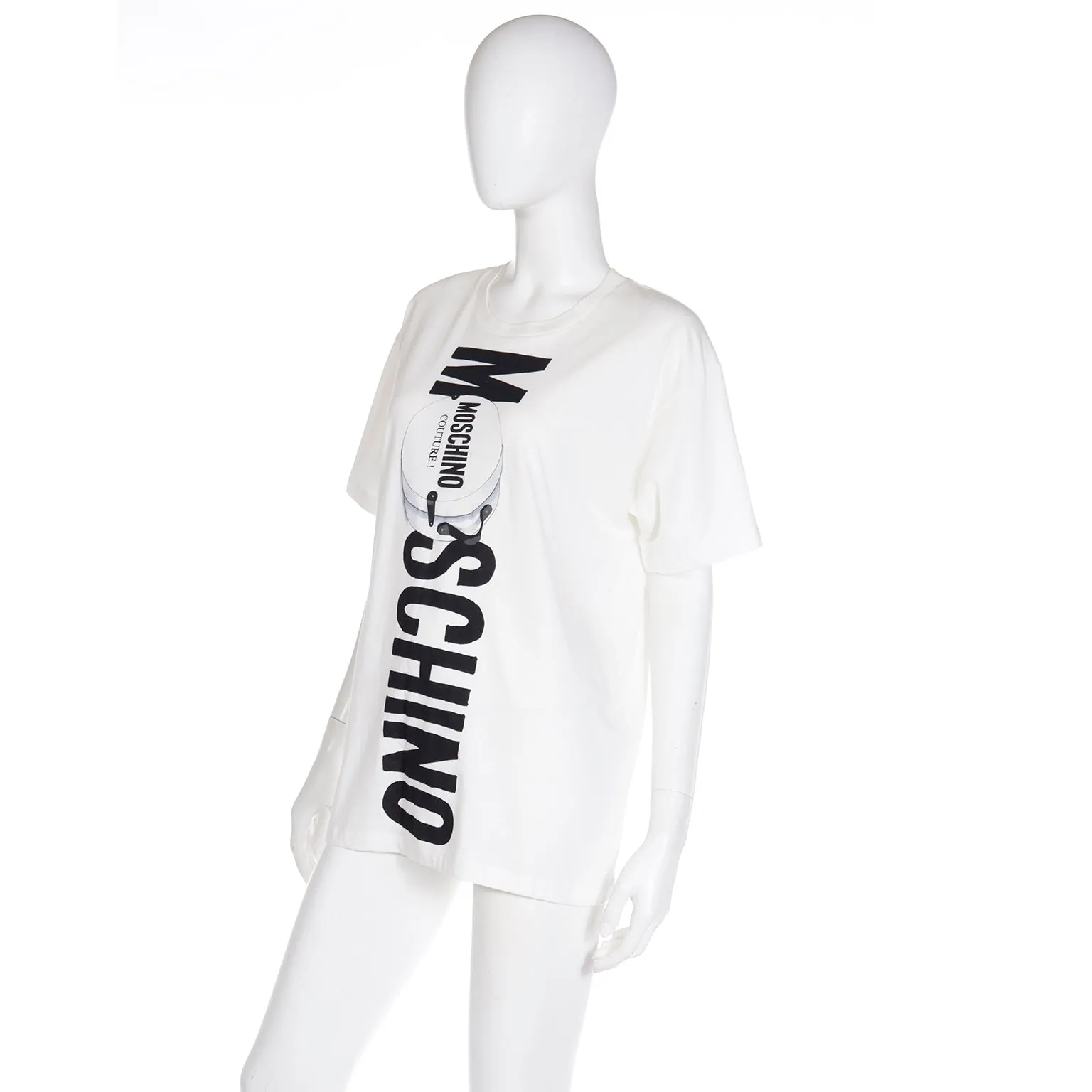 2000s Moschino Couture White T-Shirt With Black Lettering & Hat Box