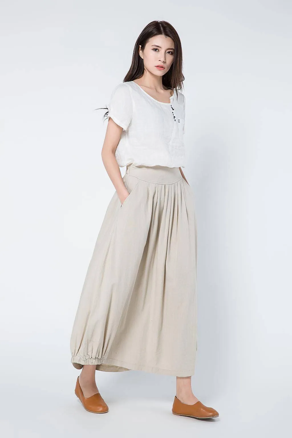 beige linen skirts, long linen skirt, linen womens skirt, linen summer skirt, elastic waist skirt, skirt with posckets C1104