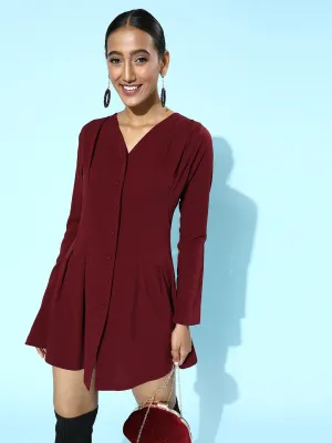Berrylush Women Solid Maroon V-Neck Front Button-Up Flared Mini Shirt Dress