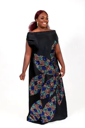 Black Goddess Maxi African kaftan boubou mikado silk dress with multicolored sequin