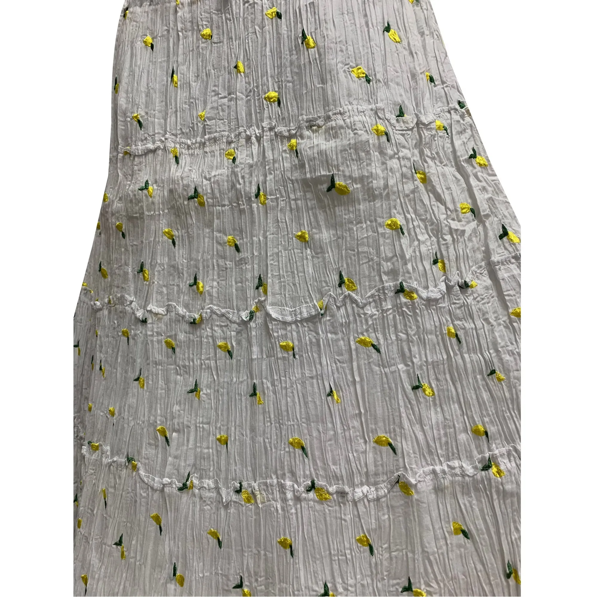 Boho Gypsy Peasant White Yellow Green Petal Embroidered Crinkled Gauze Cotton Tiered Long Maxi Skirt