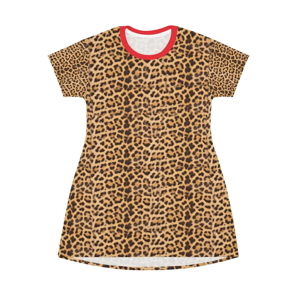 Brown Leopard Print T-Shirt Dress, Cute Modern Leopard Animal Printed Women's Dress-Made in USA