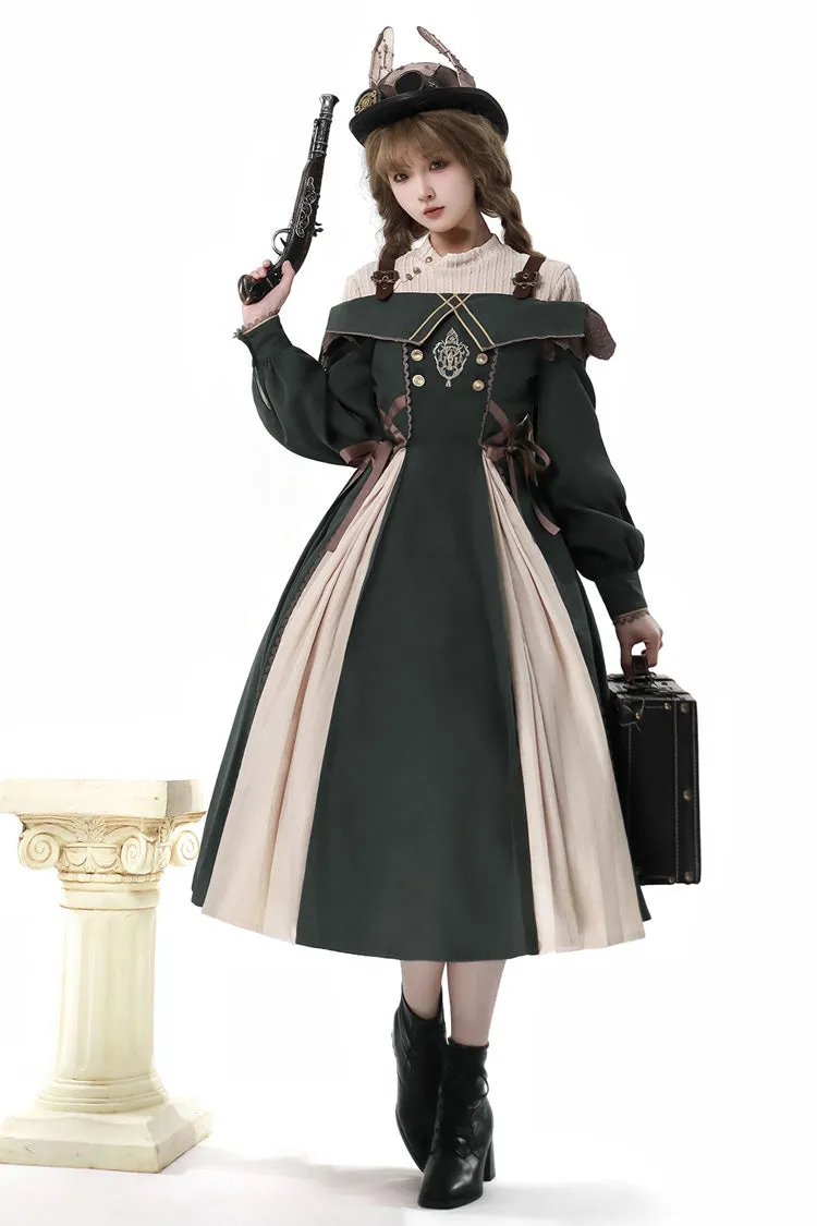 Dark Green Long Sleeves Ruffle Embroidery Bowknot Gothic Princess Lolita Dress
