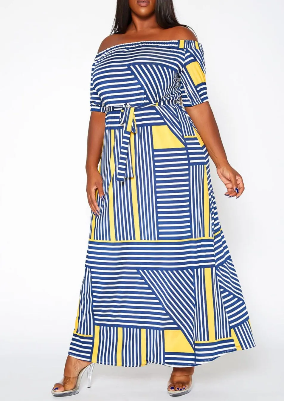 HI Curvy Plus Size Women Striped Print Off Shoulder Maxi Dress