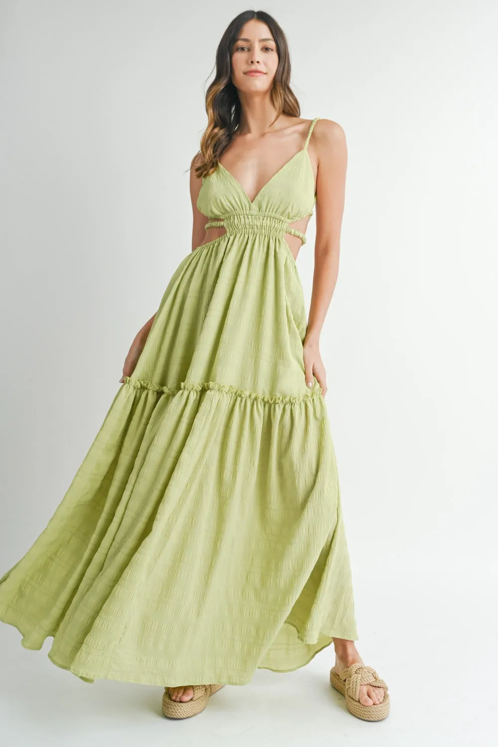 KESLEY Green Cutout Waist Backless Maxi Dress Open Back Casual Long Summer Dress
