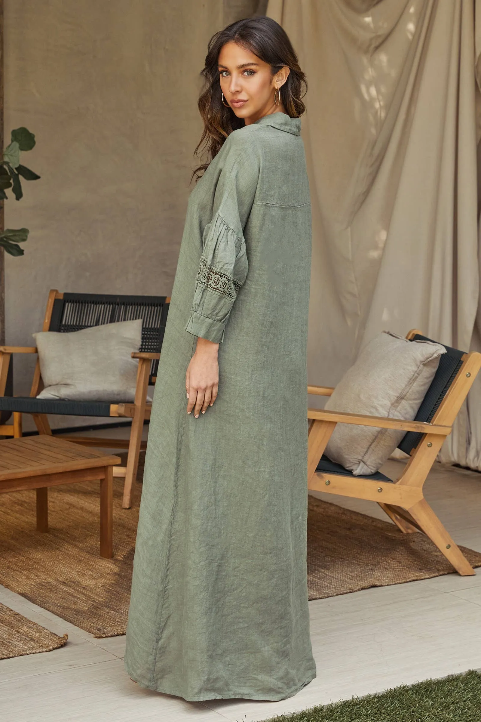 Linen Puffy Mesh Sleeve Maxi Dress