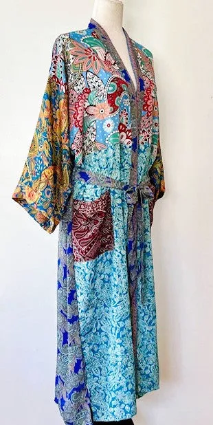 Luxury Mixed Print Silk Blend Kimono Duster Is Provocative (Aqua)
