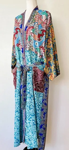 Luxury Mixed Print Silk Blend Kimono Duster Is Provocative (Aqua)