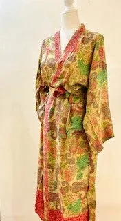Luxury Rich Silk Print Kimono Duster Dress is Softly Subdued (Pastel)