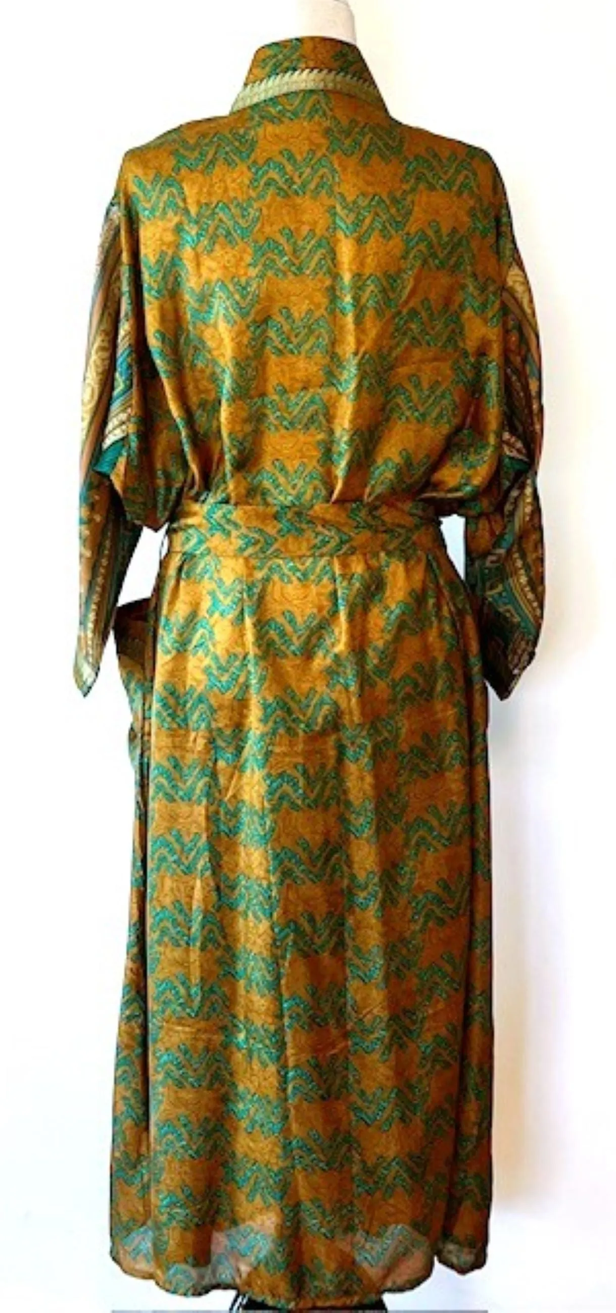 Luxury Silk Mixed Print Kimono Duster Is Seductive (Olive)