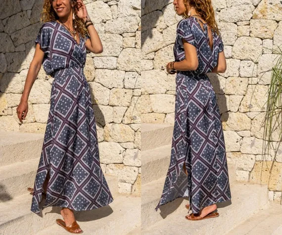 Navy Blue Double Breasted Neck Slit Long Satin Dress,Maxi Dress,Short Sleeve Dress-Boho Wear Womens Dress-Casual Dress,Summer Dress