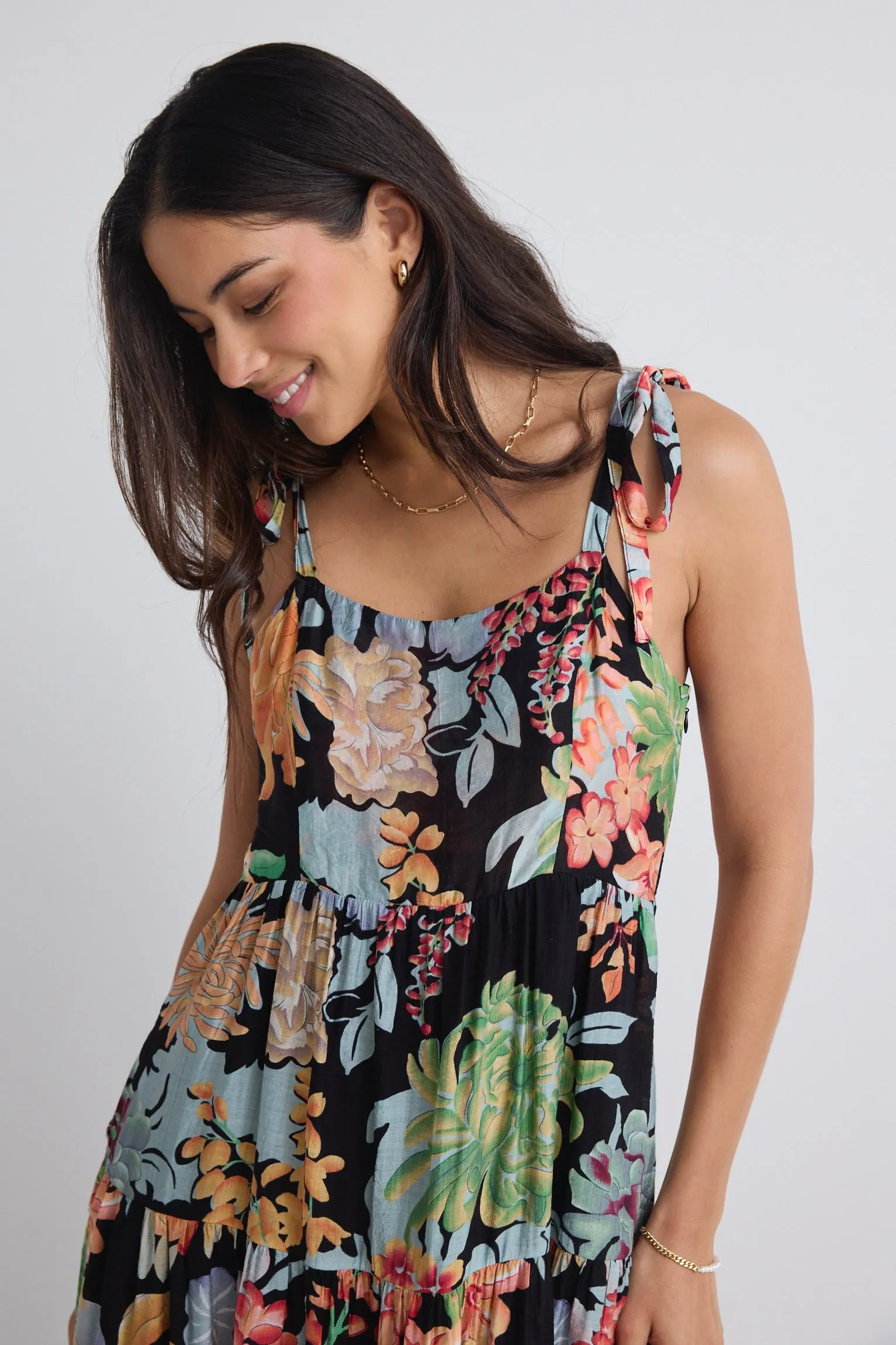 Nimbus Tropical Black Strappy Tiered Maxi Dress