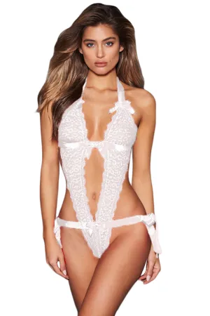 Plunge V Front Mesh Teddy with Bowknots