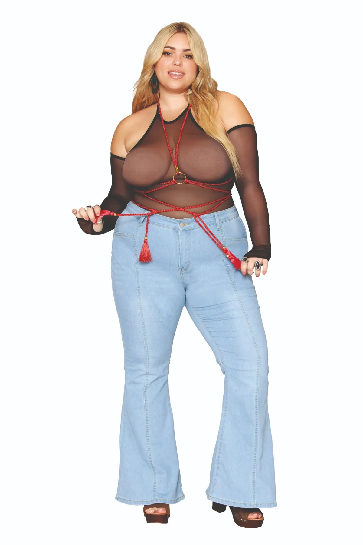 Plus Size Stretch Teddy with Gloves & Harness