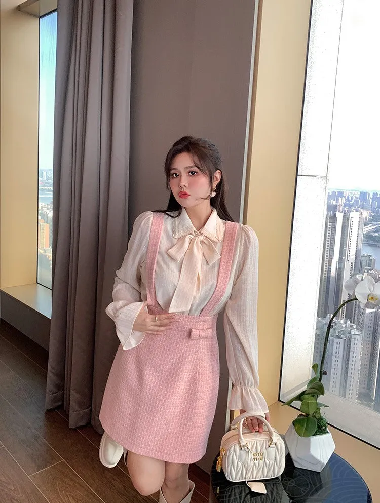 Plus Size Women Sweet White Bow Blouse Shirt & Pink Suspender Dress Skirt Two Piece Set