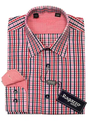Ragazzo 20452 100% Cotton Boy's Sport Shirt - Plaid - Red/Pink/Navy, Modified Spread Collar