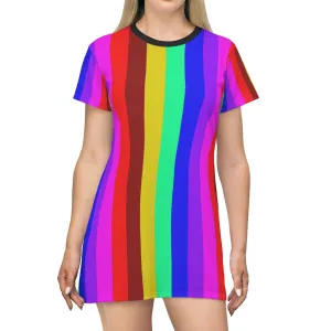 Rainbow Striped T-Shirt Dress, Gay Pride Vertical Striped Women's Crew Neck Dress - Made in USA