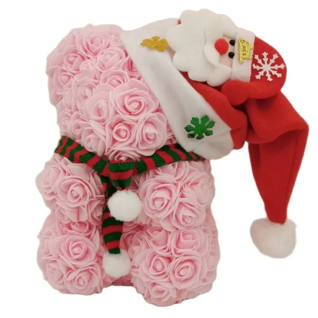 Rose Teddy Bear with Christmas Hat For Christmas Gift