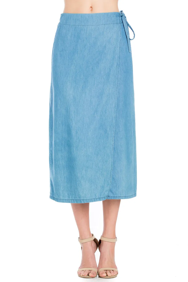 SK9020- Light Wash High Waisted Wrap Maxi Skirt