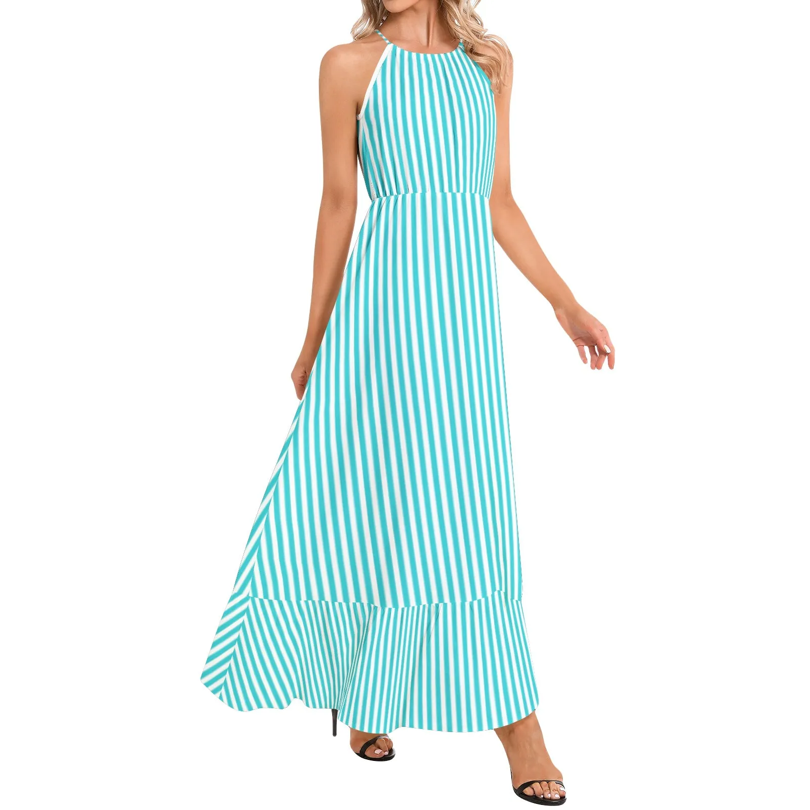Striped Ruffle Hem Halter Neck Maxi Dress