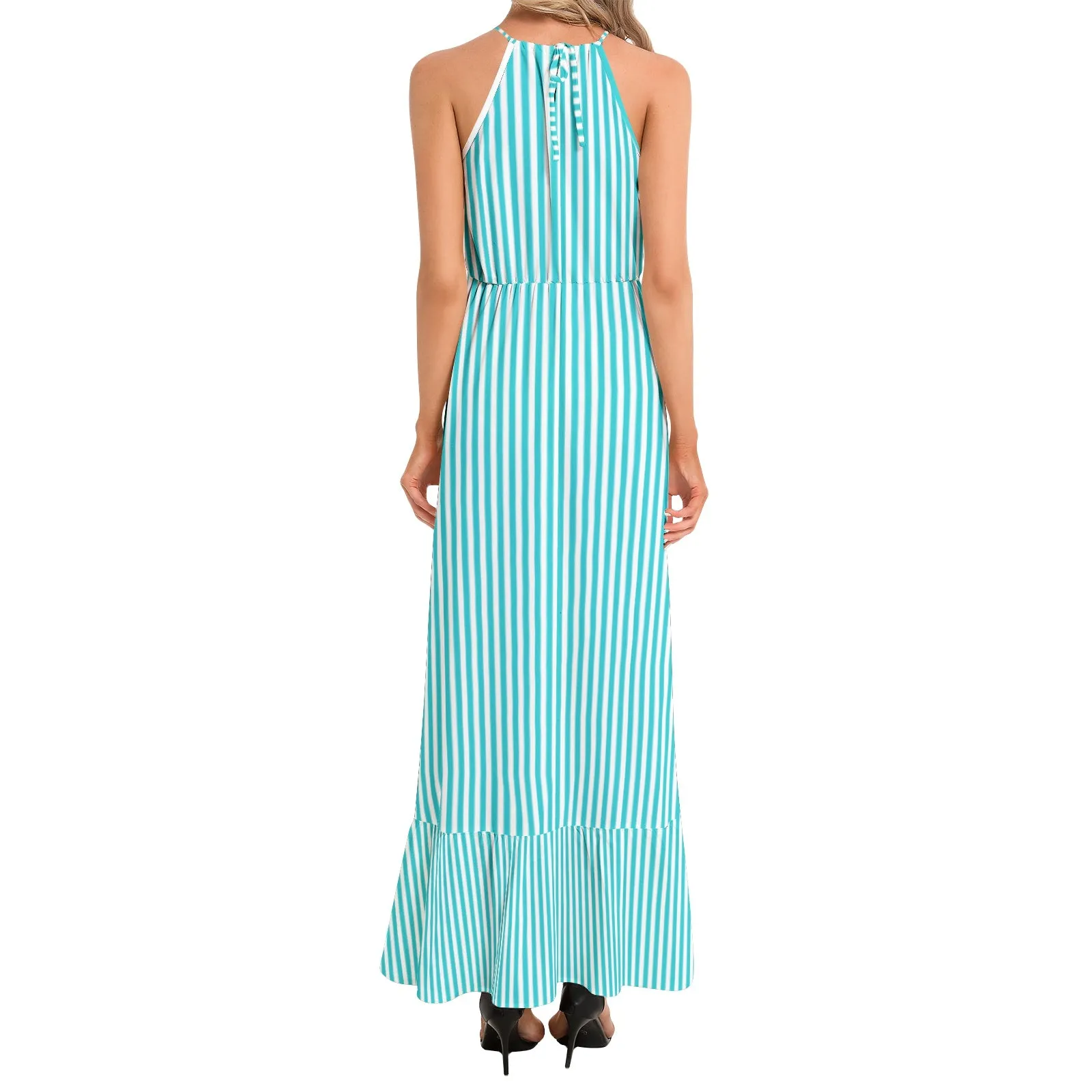 Striped Ruffle Hem Halter Neck Maxi Dress
