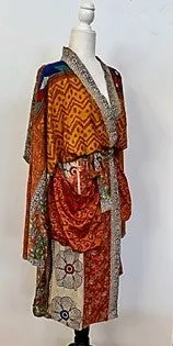 Top of the Line Silk Kimono Duster, Abstract Mixed Print (Red)