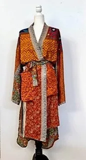 Top of the Line Silk Kimono Duster, Abstract Mixed Print (Red)