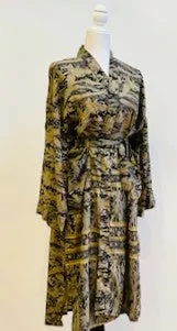 Top of the Line Silk Kimono Duster,  Rich Mixed Print (Black and Olive)