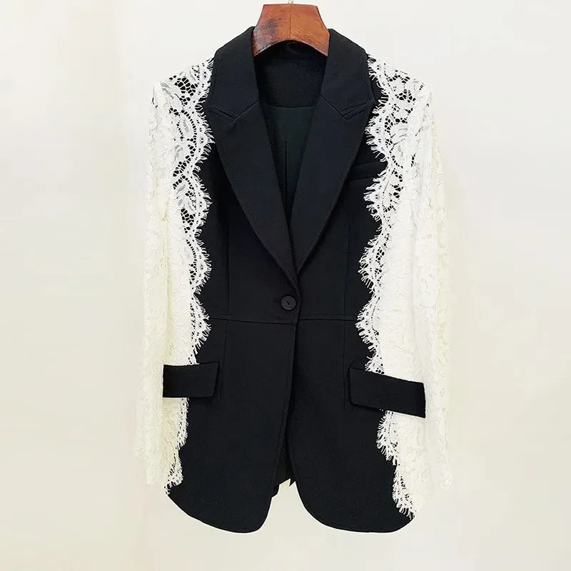 Trend4us White Lace-Trimmed Black Blazer