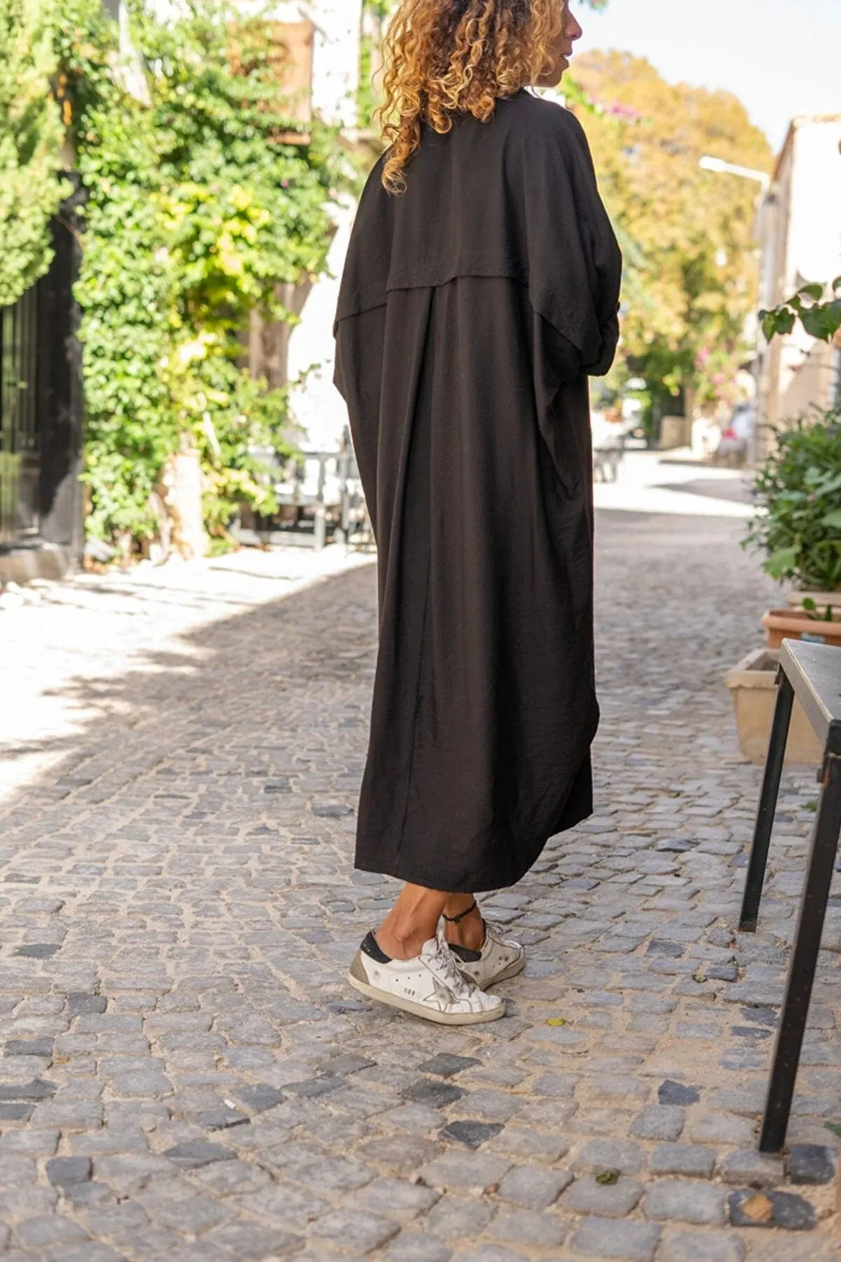 Vintage Linen Bat Sleeve Loose Pocket Shirt Dress Long Sleeve, Polo Collared Dress, Button Down Dress, Casual Dress,Vintage Dress,Maxi Dress