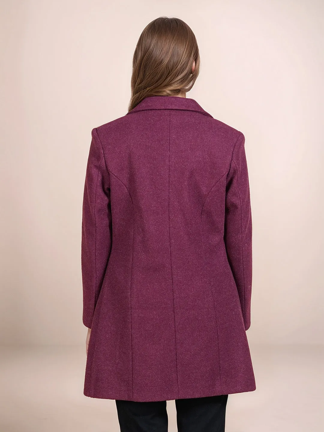 Wine Colored Solid Straight Fit Pea Coat Styled Jacket