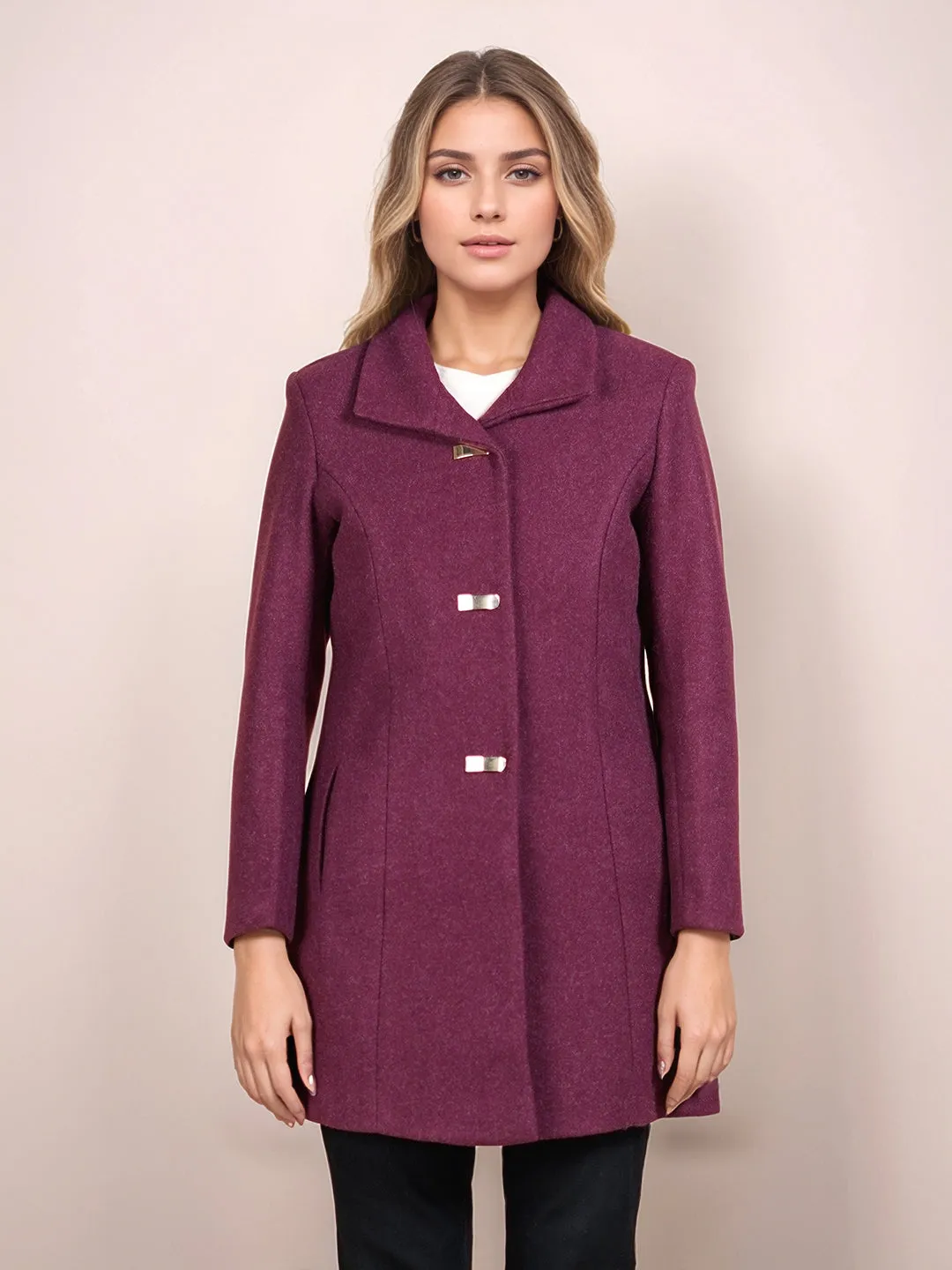 Wine Colored Solid Straight Fit Pea Coat Styled Jacket