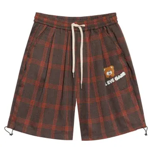 WLS Plaid Flocking Vintage Boo Stitching Drawing Shorts
