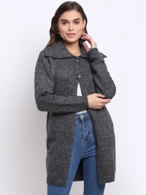 Women Black Collared Solid Knit Coat