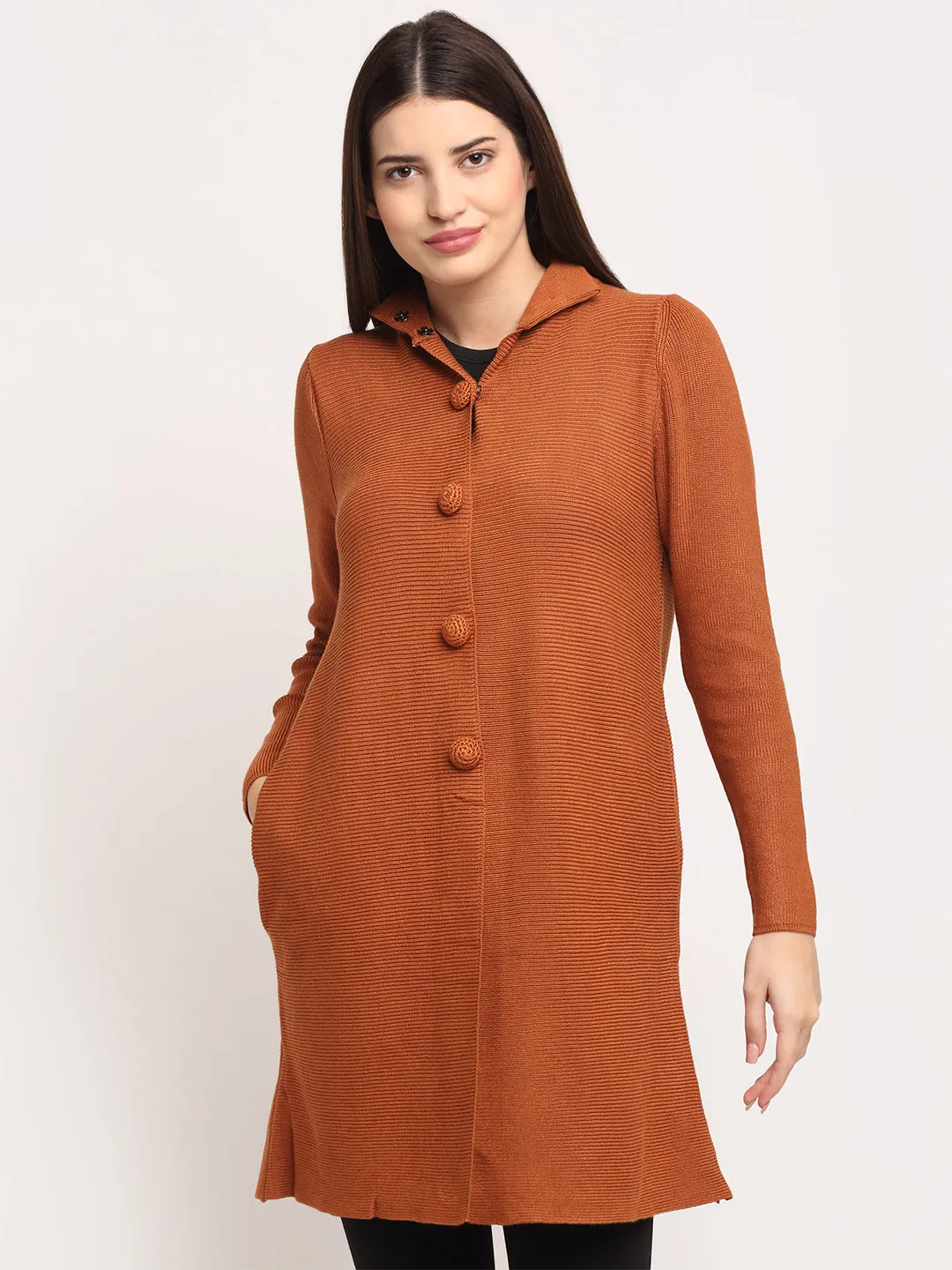 Women Gold Knit Solid Coat