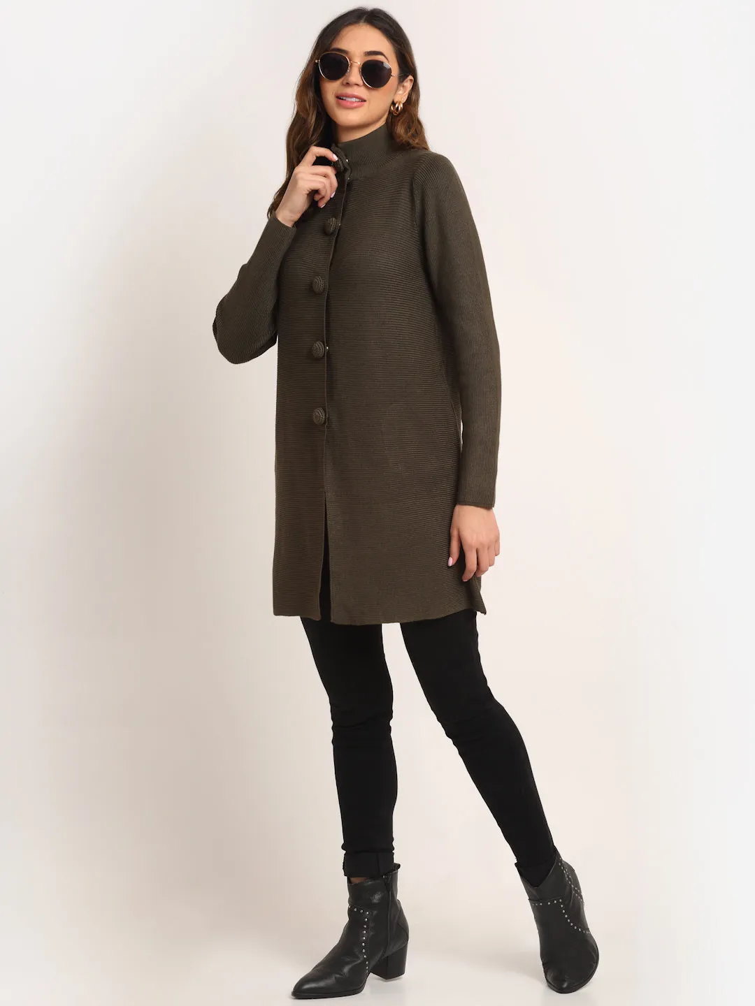 Women Green High Neck KNIT Solid Coat