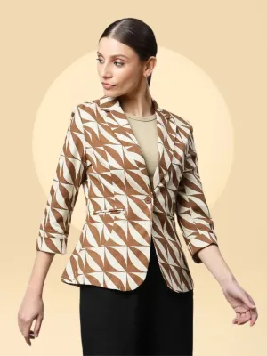 Women Mud Brown Casual Diagonal White Lines Slim Fit Blazer