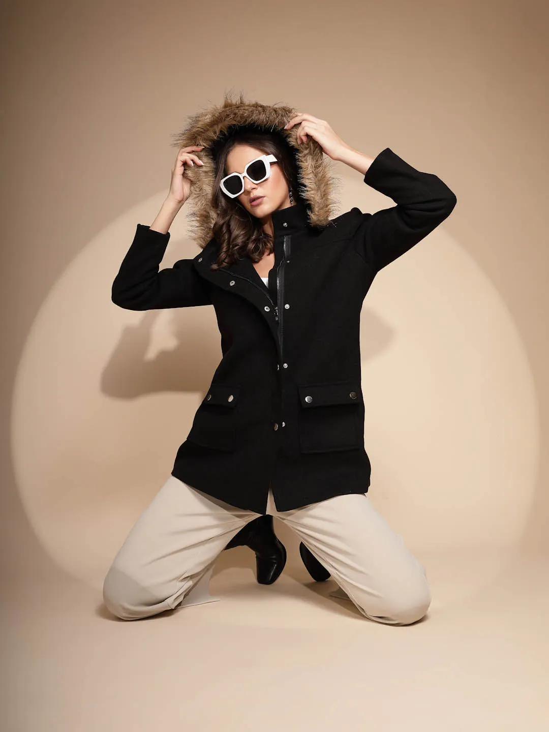 Women's Solid Hooded Black Coat
