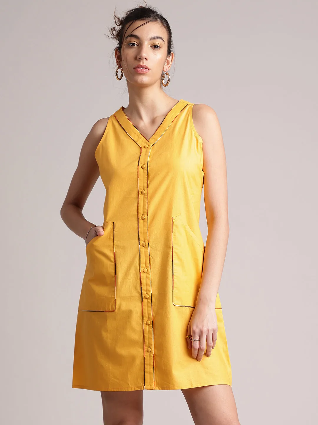 Yellow Cotton Solid Shirt Dress  - By Janasya